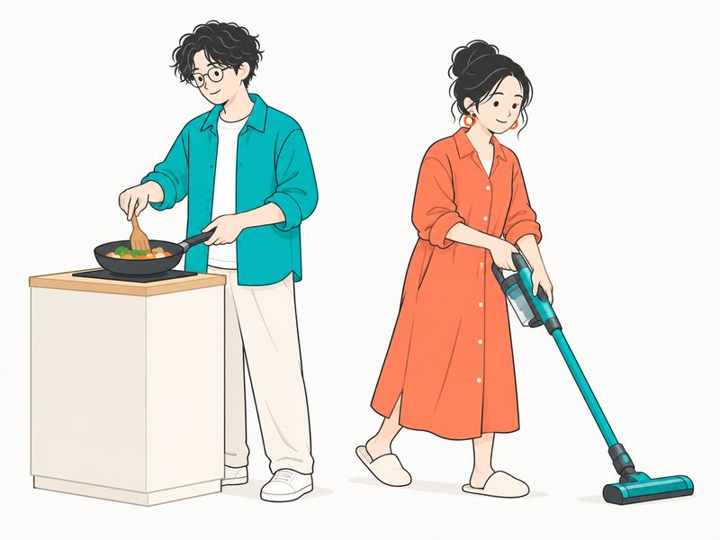 料理をする男性と、掃除機をかける女性