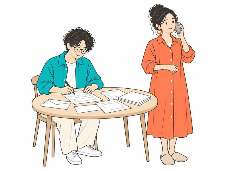 書類に記入する男性と、電話をする女性