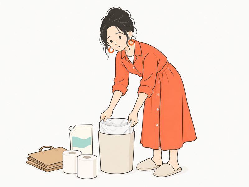 ゴミ箱に新しい袋をセットする女性と、足元に並んだ日用品