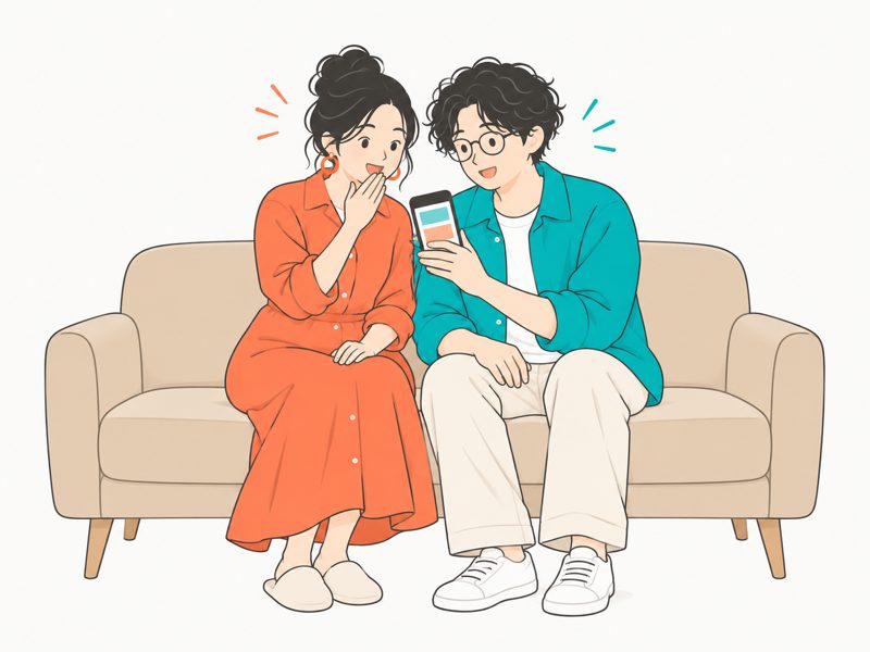 スマホの画面を一緒にのぞき込んで、驚いている2人