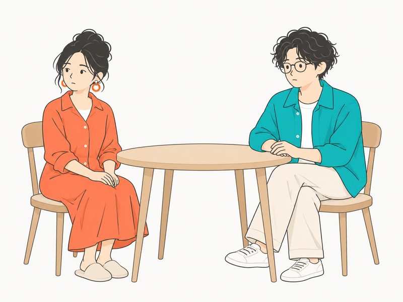 テーブルを挟んで、気まずそうに目をそらし合う2人